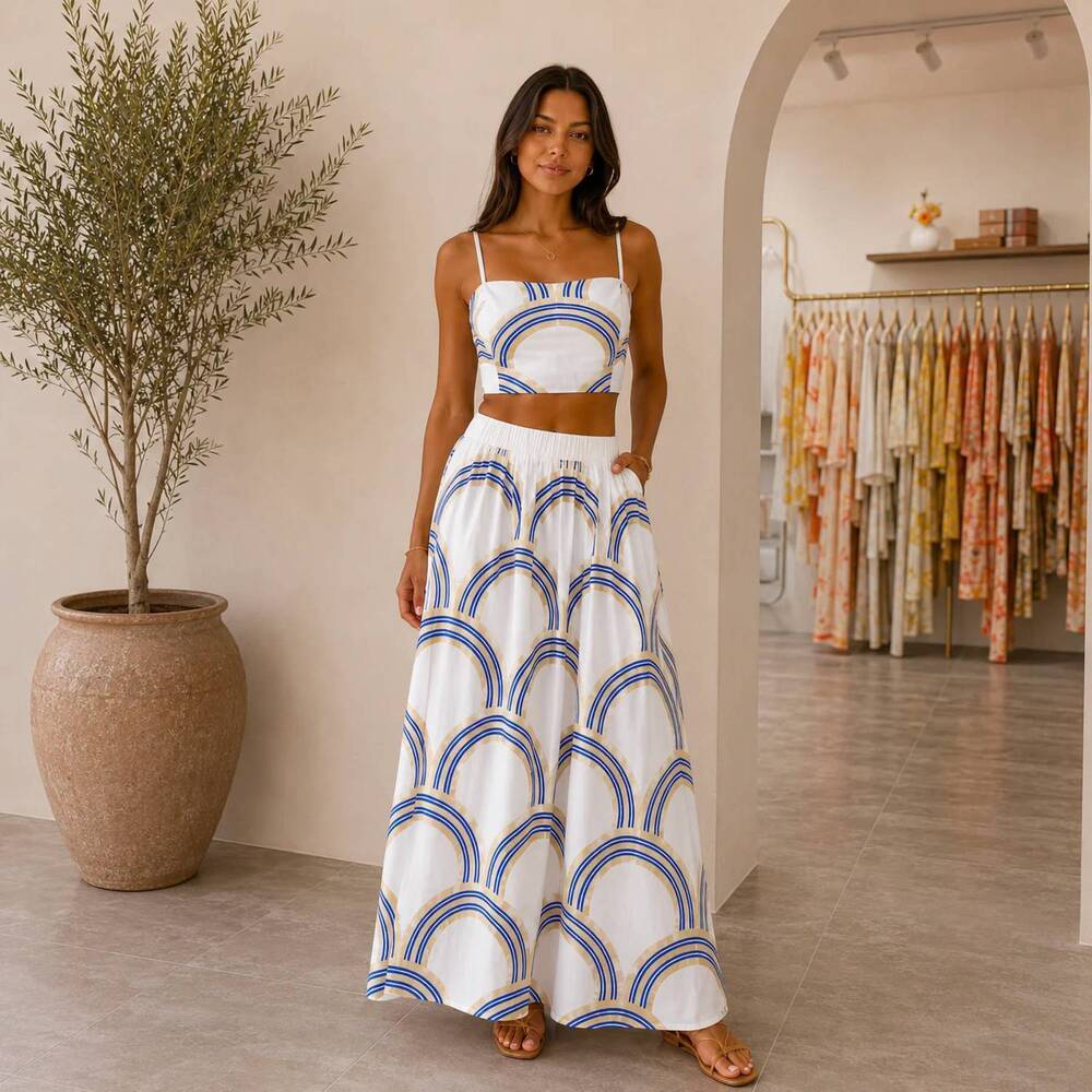 NEW MYSTERY RESORT golden horizon maxi skirt set in blue